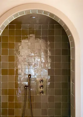 Bathroom shower with brown zellige wall